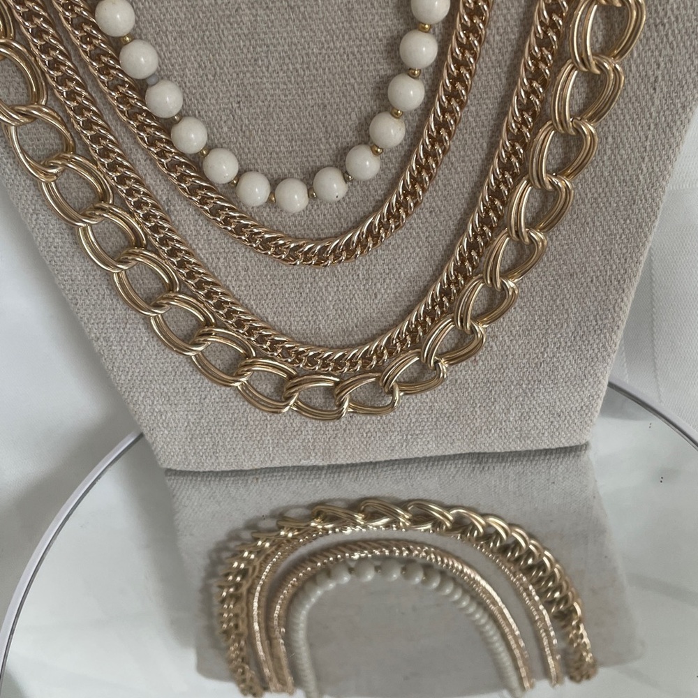 Gold Multi-Strand Multi Length Necklace w/White Beads - Women Jewelry - Trio set - Picture 4 of 11